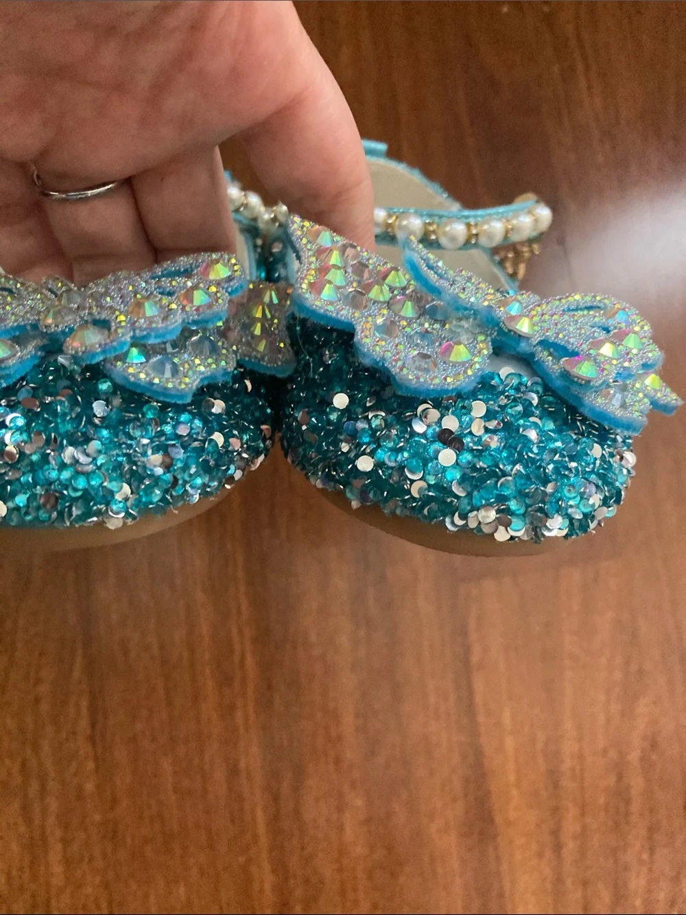 Princess Teal Glitter Butterfly Pearl-Strap Dress Shoes Sz 12